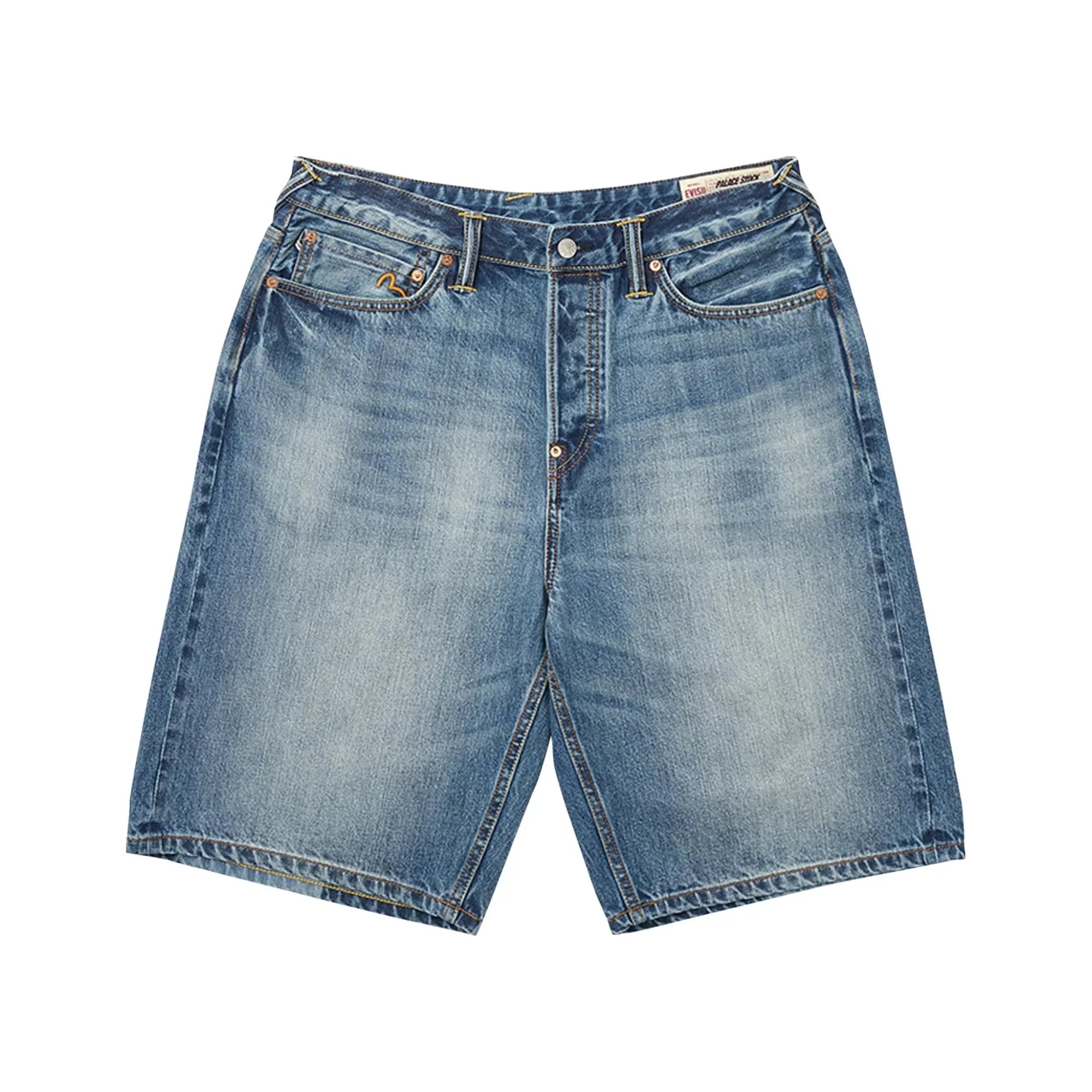 Palace x Evisu – Lange Jeansshorts in heller Waschung