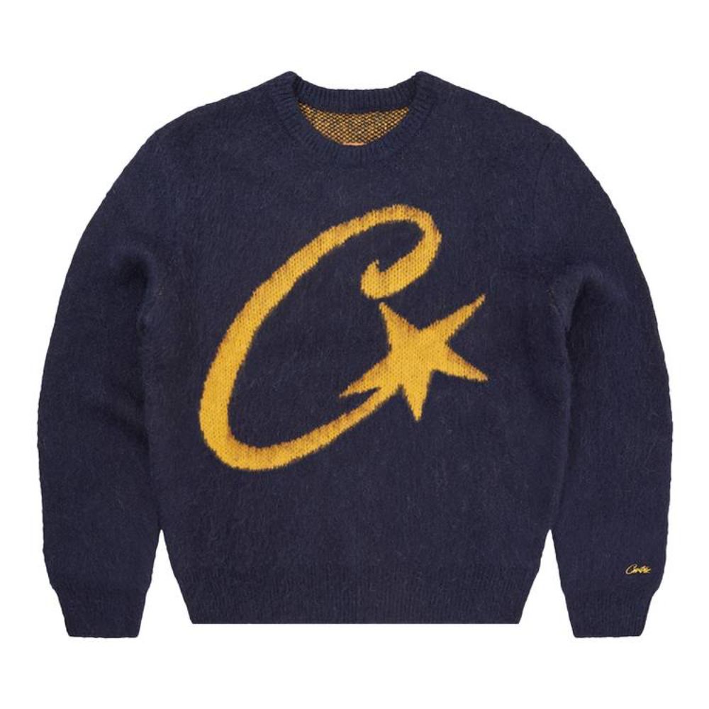 Corteiz C Star Mohair-Strickpullover, Marineblau