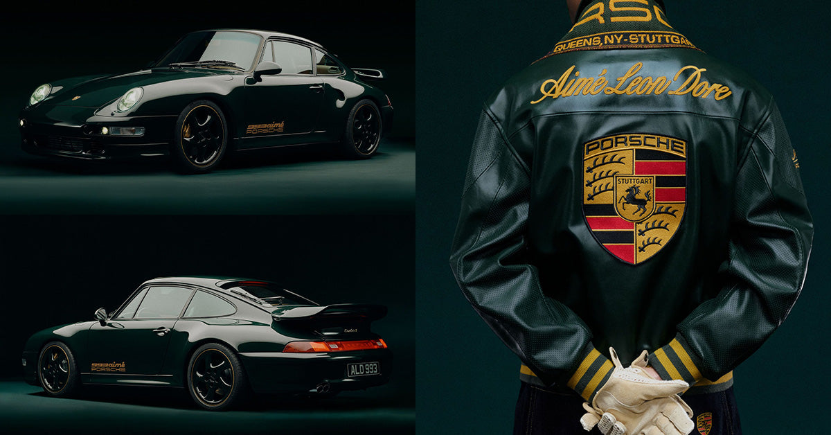 Black Porsche car with a person wearing a branded jacket on a dark background
